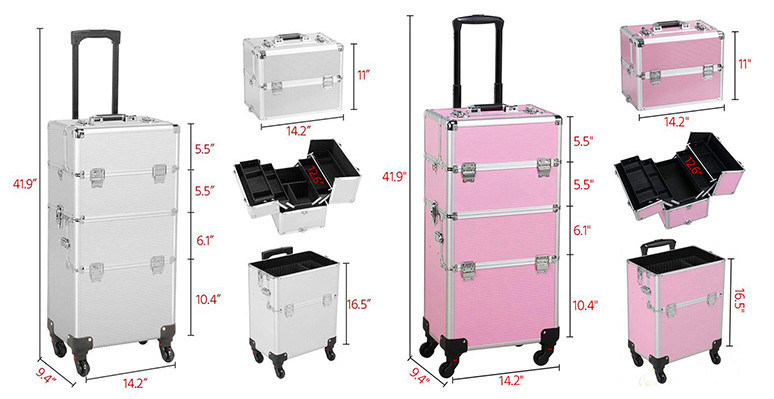 2 in 1 van het het Karretjegeval van de Aluminiummake-up Roze Kleur op Wielen