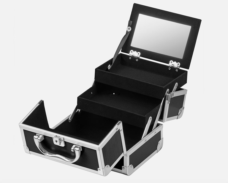 Op maat gemaakte aluminium cosmetische behuizing met zwarte lederen bekleding in make-up vanity box voor 250 x 180 x 230 mm