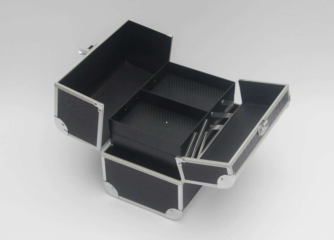 Zwarte van de de treindoos Pu van de aluminiummake-up van het het paneel kosmetische geval dubbele open de schoonheidsdoos voor reis